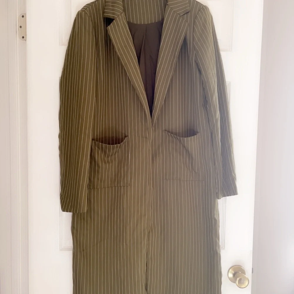 Olive Pinstripe Women's Trench Coat - Picture 1 of 6